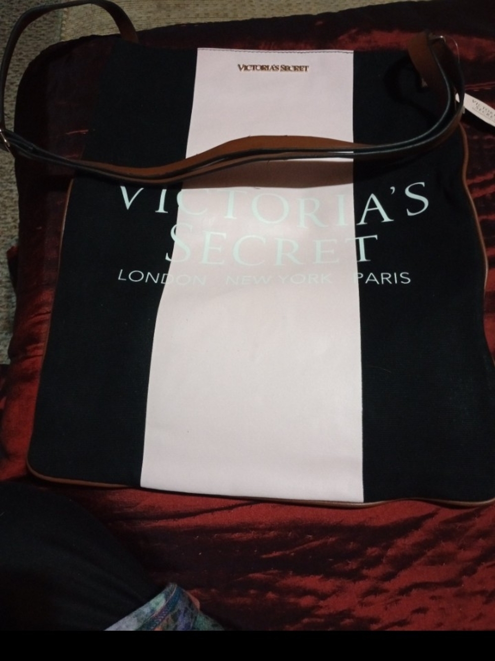 Victoria's Secret Black and Pink Panel Tote with Brown Straps